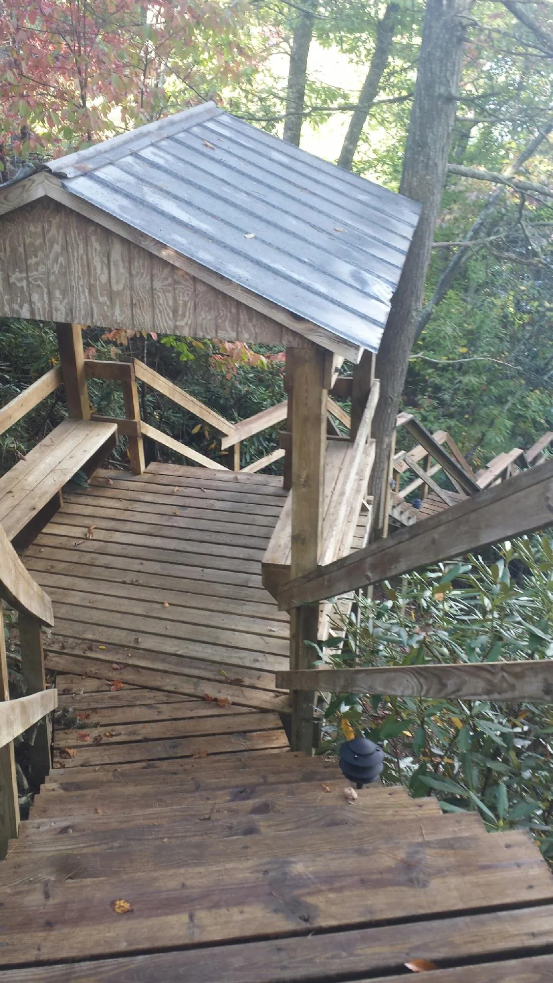 Metal roofed shelter over wooden steps on a wooded walkway — Skylight Repair & Installation work by our crew in Crimora